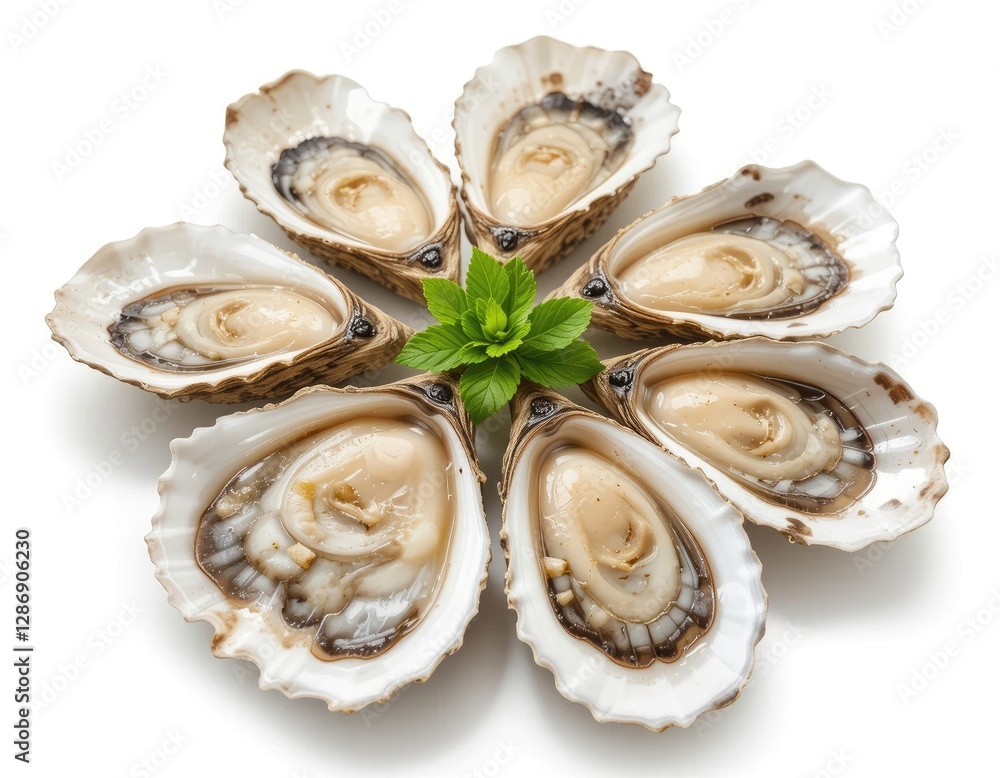 Fresh Oysters Arranged with Mint Leaves on White Background Fresh Oysters Arranged with Mint Leaves on White Background