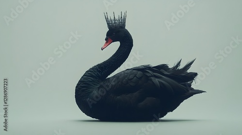 Fototapeta Naklejka Na Ścianę i Meble -  A majestic black swan sits gracefully against a soft gray background, exuding an air of royal sophistication.