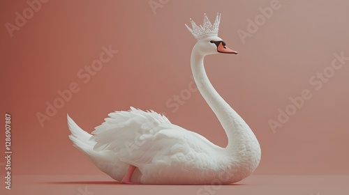 Fototapeta Naklejka Na Ścianę i Meble -  A majestic white swan sits gracefully against a soft, muted pink background, exuding an air of royal sophistication.