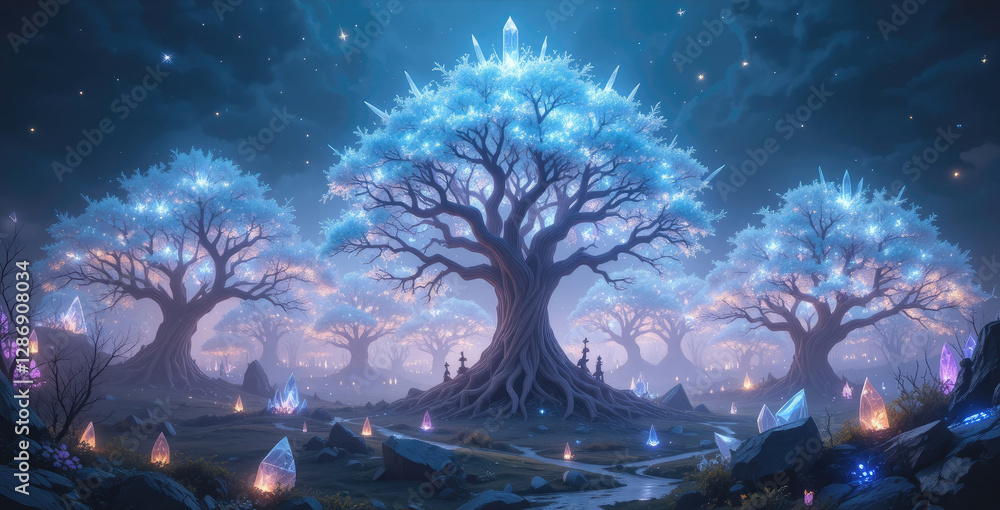 Obraz premium Glowing Forest with Mystical Trees and Crystals Under Starry Night