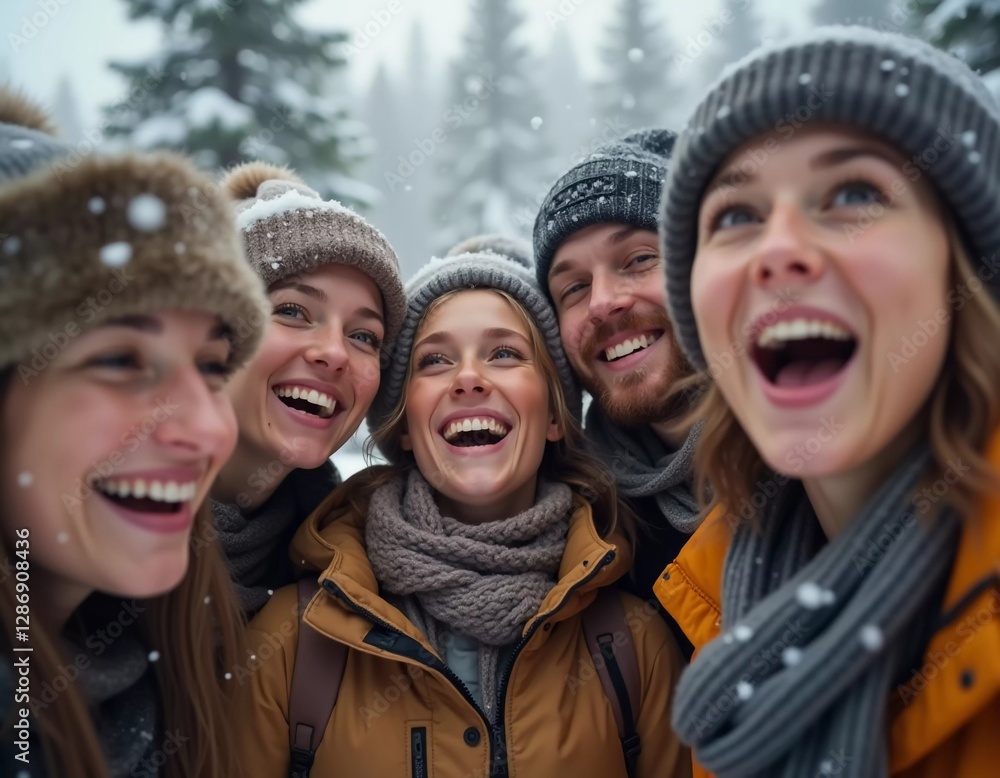 Fototapeta premium A group of friends celebrates winter in a snowy location, sharing laughter and joy while snowflakes gently fall around them, creating lasting memories together. Generative AI