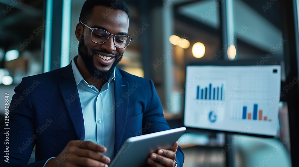 Business professional using tablet in modern office with data graphs on screen Business professional using tablet in modern office with data graphs on screen