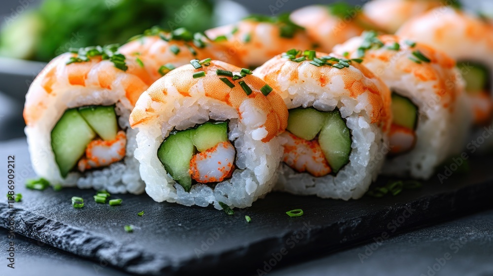 Fresh shrimp sushi rolls on slate plate with side dishes Fresh shrimp sushi rolls on slate plate with side dishes