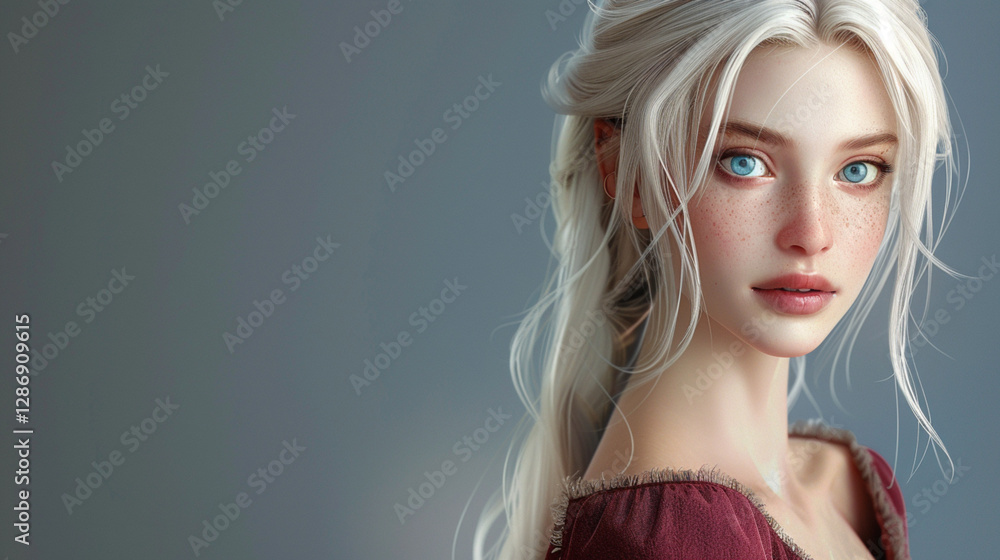A mesmerizing gaze and soft platinum locks contrast beautifully with the bold red tones A mesmerizing gaze and soft platinum locks contrast beautifully with the bold red tones