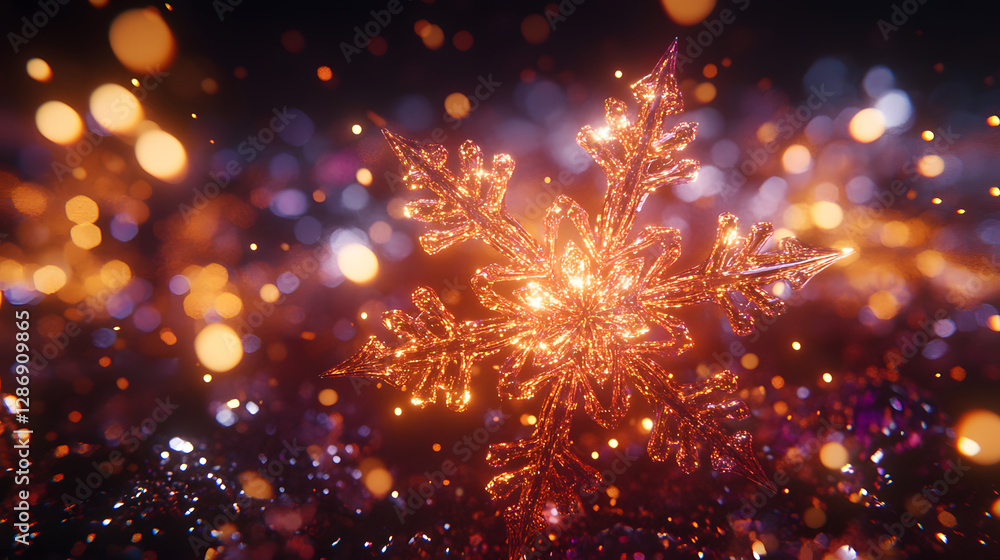 Fototapeta premium Illuminated snowflake design glowing in the dark for artistic decoration or winter theme
