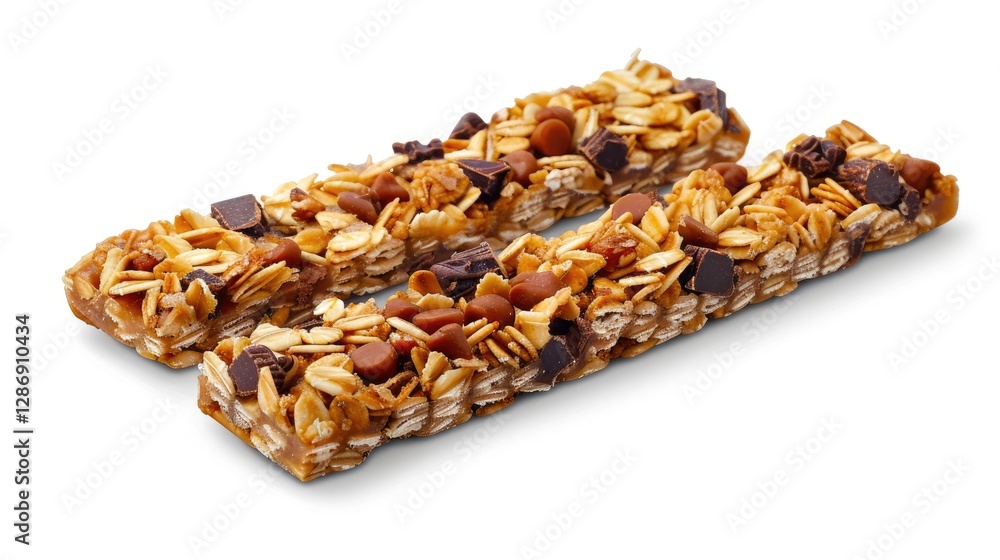 Two delicious granola bars topped with oats, nuts, and chocolate pieces, perfect for a healthy snack on the go. Two delicious granola bars topped with oats, nuts, and chocolate pieces, perfect for a healthy snack on the go.