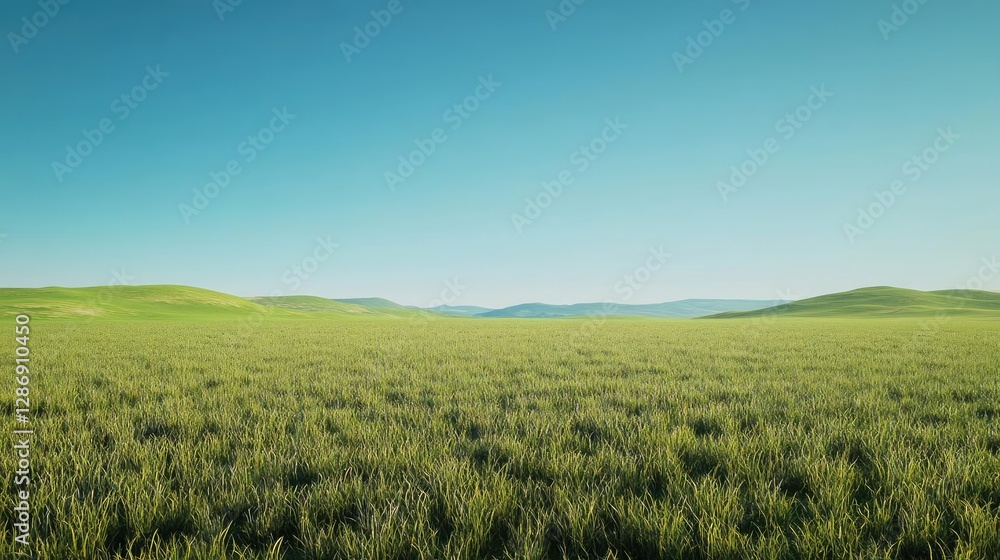 Lush Verdant Green Meadow Under a Clear Blue Sky Evoking Tranquility and Natural Beauty in a Serene Rural Landscape