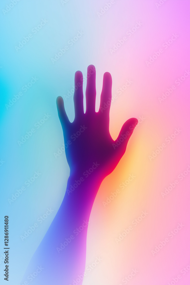 Obraz premium Hand reaching out on vibrant rainbow gradient background