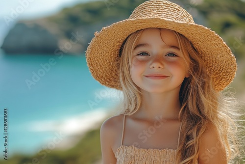 Happy girl wearing a straw hat near the ocean