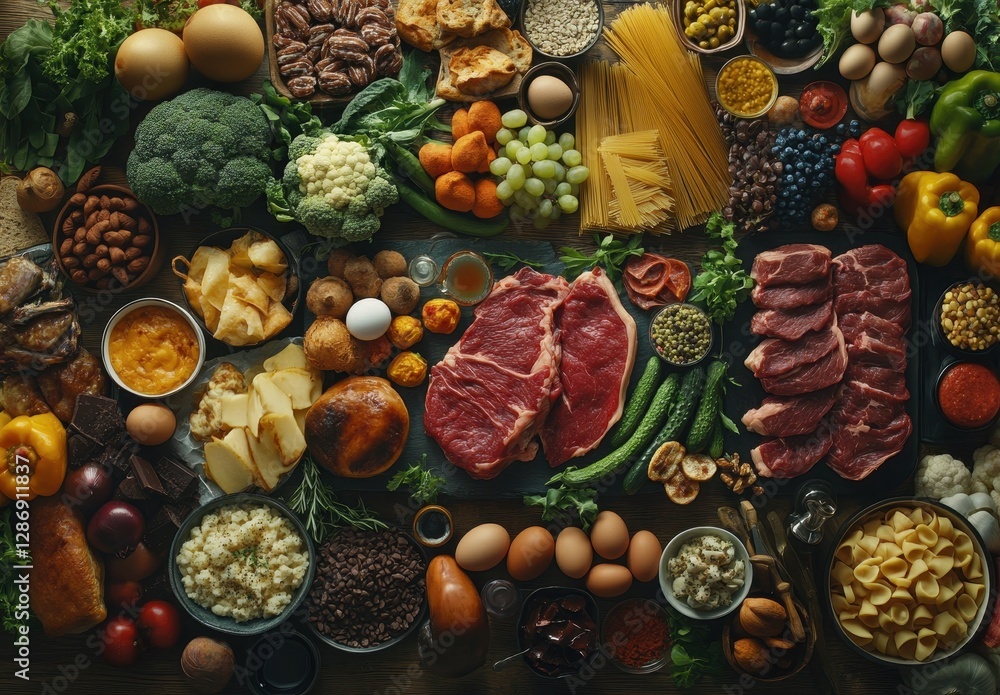 Fototapeta premium Fresh Variety of Ingredients for a Culinary Experience Featuring Meat, Vegetables, Fruits, Grains, Dairy, and Seasonings on a Wooden Surface