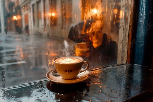 Steaming cup of latte with intricate latte art placed on a wet windowsill, overlooking a rainy street. The blurred reflections of city lights and raindrops create a warm, cozy, and nostalgic atmospher photo