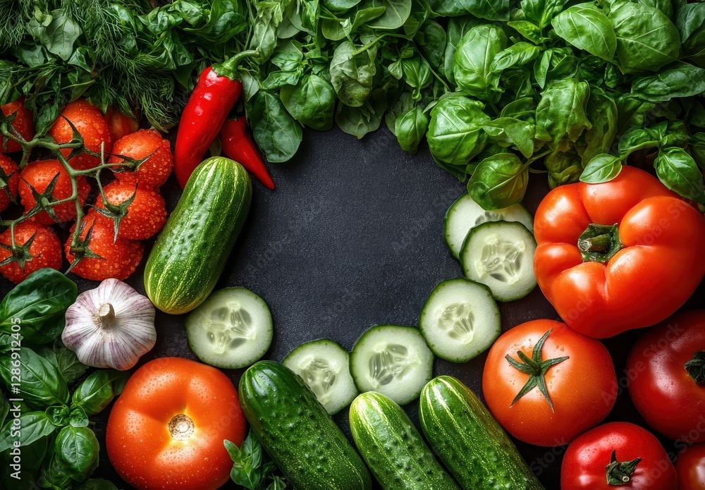Fresh Vegetables and Herbs Arrangement on Dark Stone Background for Healthy Cooking and Nutrition Concept Fresh Vegetables and Herbs Arrangement on Dark Stone Background for Healthy Cooking and Nutrition Concept