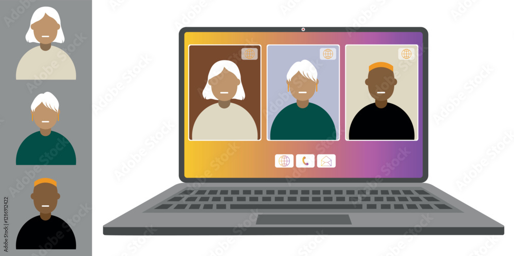 Video call conference, working from home. Colleagues of different nationalities and ages talk to each other on the laptop screen. Isolated illustration on white background in flat style trendy colors Video call conference, working from home. Colleagues of different nationalities and ages talk to each other on the laptop screen. Isolated illustration on white background in flat style trendy colors