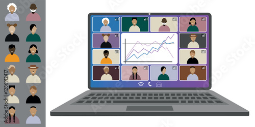 Video call conference, working from home. Colleagues of different nationalities and ages talk to each other on the laptop screen. Isolated illustration on white background in flat style trendy colors
