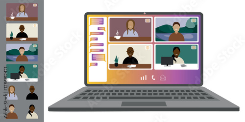 Video call conference, working from home. Colleagues of different nationalities and ages talk to each other on the laptop screen. Isolated illustration on white background in flat style trendy colors