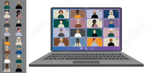 Video call conference, working from home. Colleagues of different nationalities and ages talk to each other on the laptop screen. Isolated illustration on white background in flat style trendy colors