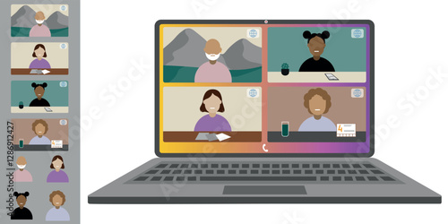 Video call conference, working from home. Colleagues of different nationalities and ages talk to each other on the laptop screen. Isolated illustration on white background in flat style trendy colors