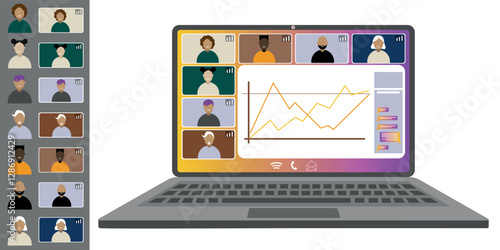 Video call conference, working from home. Colleagues of different nationalities and ages talk to each other on the laptop screen. Isolated illustration on white background in flat style trendy colors
