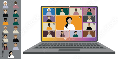 Video call conference, working from home. Colleagues of different nationalities and ages talk to each other on the laptop screen. Isolated illustration on white background in flat style trendy colors