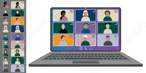 Video call conference, working from home. Colleagues of different nationalities and ages talk to each other on the laptop screen. Isolated illustration on white background in flat style trendy colors