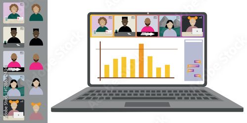 Video call conference, working from home. Colleagues of different nationalities and ages talk to each other on the laptop screen. Isolated illustration on white background in flat style trendy colors
