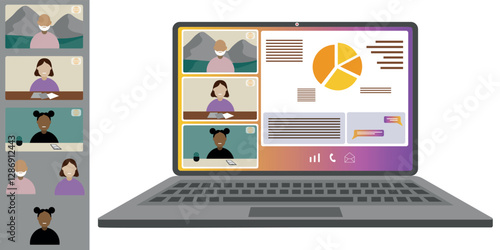 Video call conference, working from home. Colleagues of different nationalities and ages talk to each other on the laptop screen. Isolated illustration on white background in flat style trendy colors