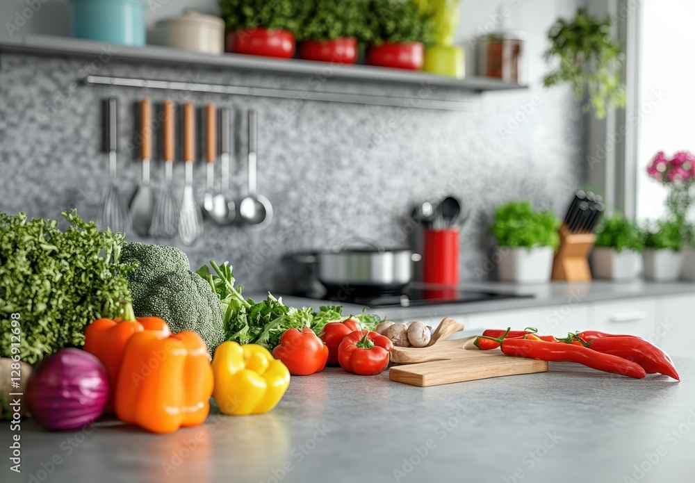 Fresh Vegetables and Herbs on Kitchen Counter Ready for Cooking Delicious Meals and Healthy Recipes in Modern and Stylish Culinary Environment Fresh Vegetables and Herbs on Kitchen Counter Ready for Cooking Delicious Meals and Healthy Recipes in Modern and Stylish Culinary Environment