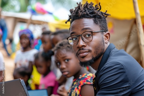 Man with dreadlocks looks at camera near children