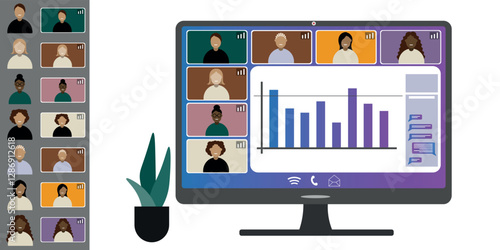 Video call conference, working from home. Colleagues of different nationalities and ages talk to each other on computer screen. Isolated illustration on white background in flat style trendy colors