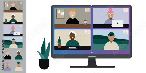 Video call conference, working from home. Colleagues of different nationalities and ages talk to each other on computer screen. Isolated illustration on white background in flat style trendy colors