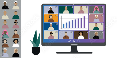Video call conference, working from home. Colleagues of different nationalities and ages talk to each other on computer screen. Isolated illustration on white background in flat style trendy colors