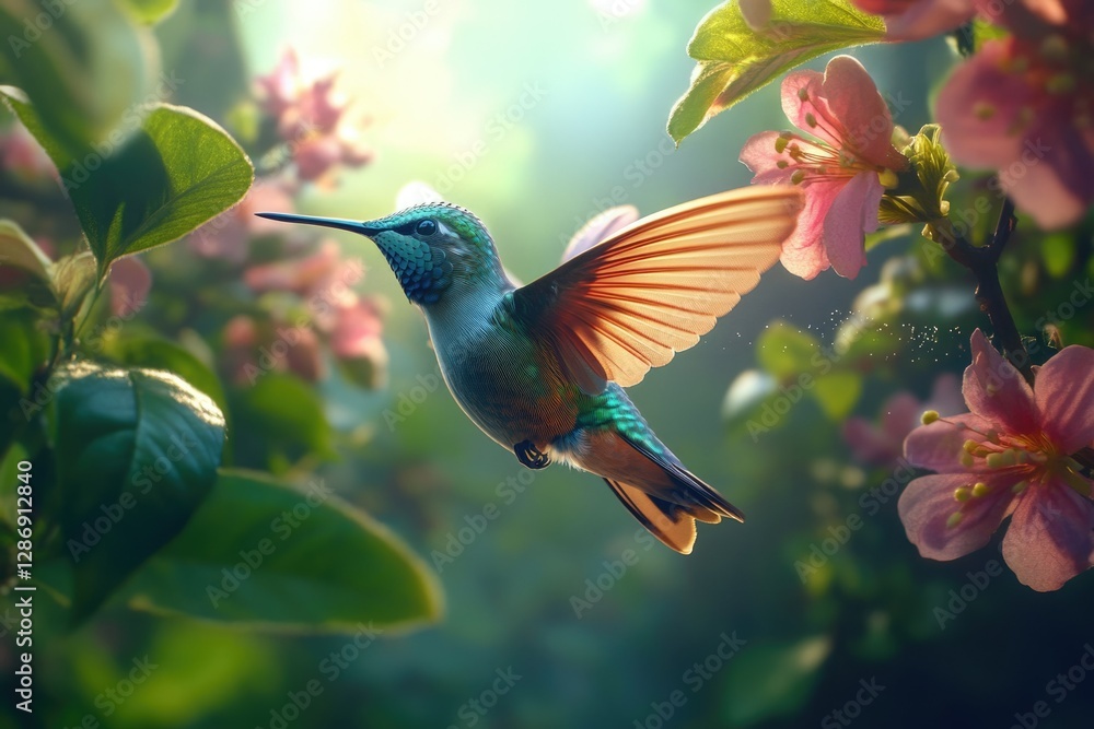 Naklejka premium A vibrant hummingbird in flight, wings outstretched, amidst a lush garden of blooming flowers.