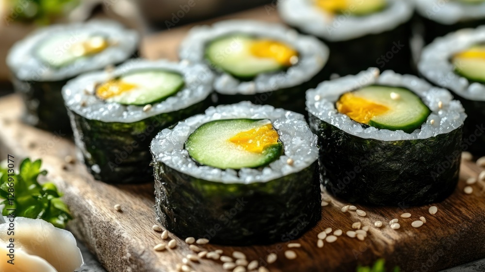 Freshly made vegan sushi rolls on wooden board, with other Asian food in the background Freshly made vegan sushi rolls on wooden board, with other Asian food in the background