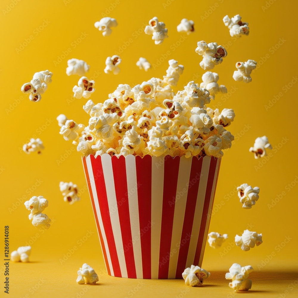 Buttery popcorn explodes from a red and white striped bucket against a sunny yellow background. A perfect movie night snack! Buttery popcorn explodes from a red and white striped bucket against a sunny yellow background. A perfect movie night snack!