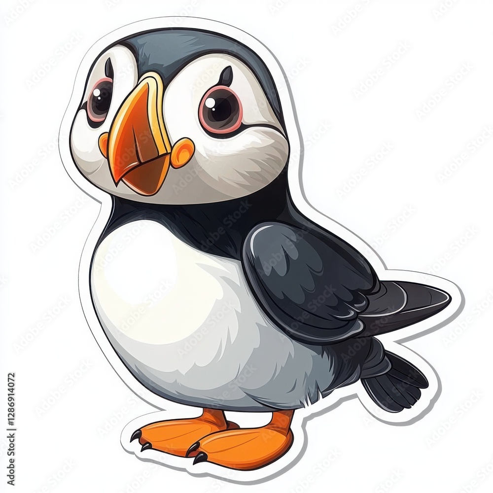 Obraz premium Adorable cartoon puffin illustration, perfect for children's books or educational materials. Its cheerful expression and bright colors make it a delightful image.