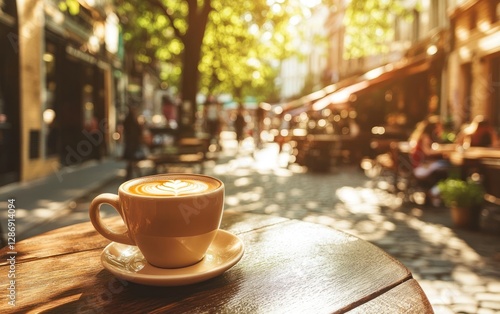 Latte art in a cup on a sunny street