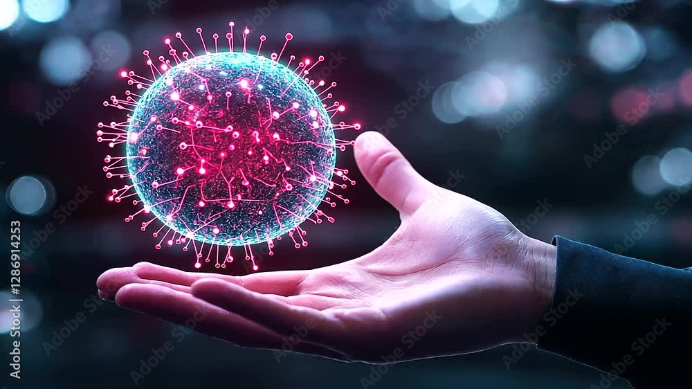 A futuristic hand holographically projecting vibrant, colorful digital bacteria in a glowing sphere, symbolizing the microbiome's influence on personalized nutrition
