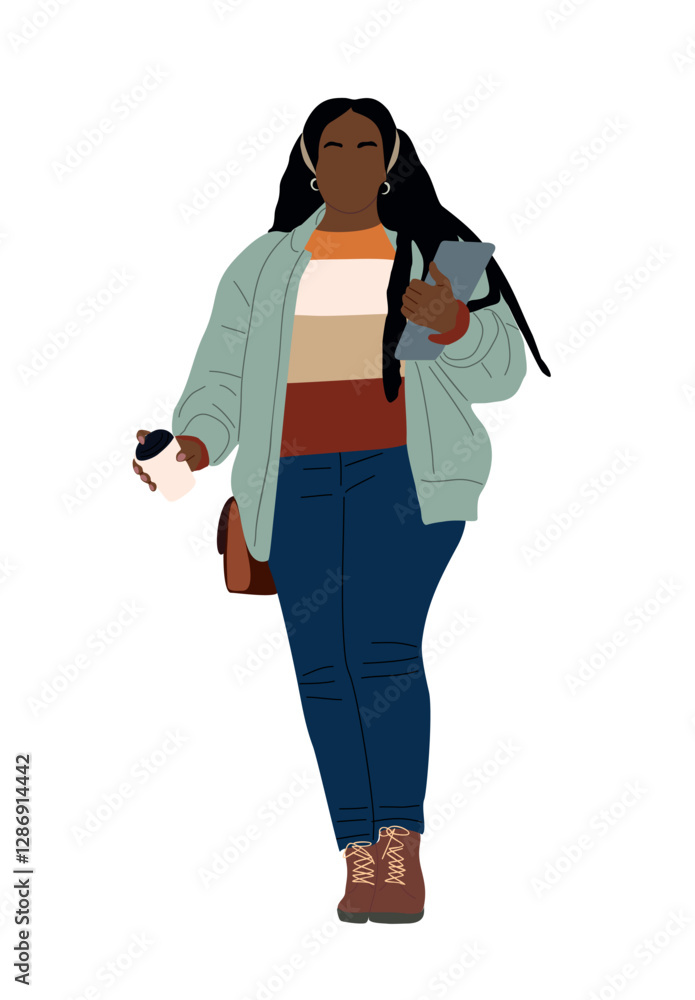 Fototapeta premium African american curvy girl student. Young girl holding digital tablet and takeaway coffee cup going to college, university. Vector realistic colorful illustration isolated