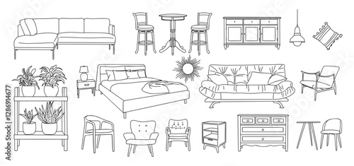 Collection of elegant modern furniture and home interior decorations in trendy Mid Century modern retro 70s style hand drawn black sketch isolated on white background. Monochrome vector illustration.