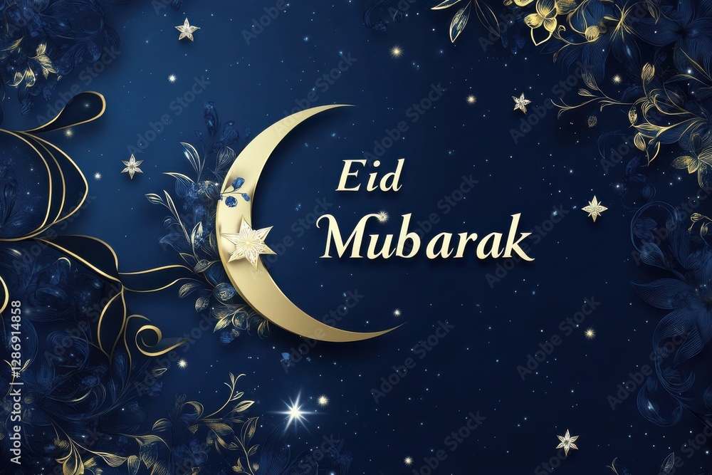 Naklejka premium A Festive Eid Mubarak Design With A Dark Blue Background Featuring Intricate Floral Patterns And A Central Crescent Moon With Elegant Text On A Ribbon