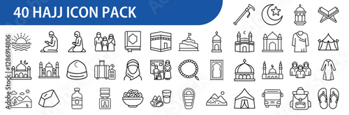 Hajj Islamic Pilgrimage Icon Set in Line Style - A collection of 40 Hajj and Umrah-themed icons in a minimal line style, featuring Kaaba, pilgrimage rituals, mosques, and Islamic symbols.