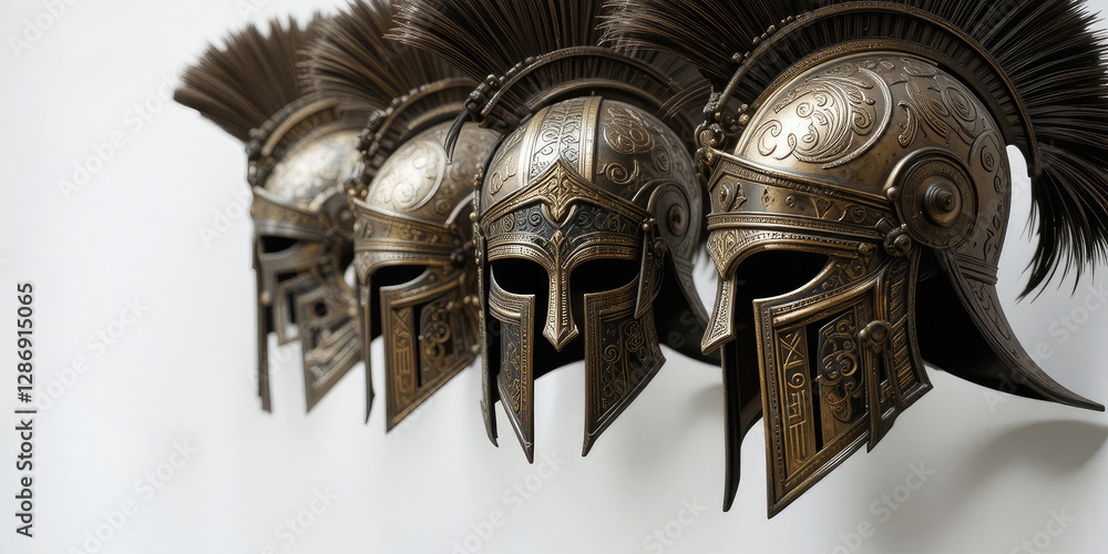 Obraz premium Ornate Ancient Helmets Displayed in Row with Detailed Metalwork Design