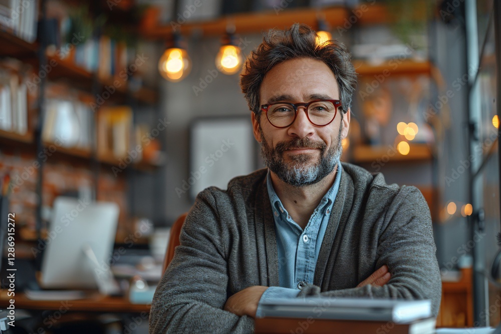 A man with a beard and glasses sits comfortably in a well-decorated office filled with books. Soft, warm lights create a welcoming atmosphere as he smiles confidently A man with a beard and glasses sits comfortably in a well-decorated office filled with books. Soft, warm lights create a welcoming atmosphere as he smiles confidently