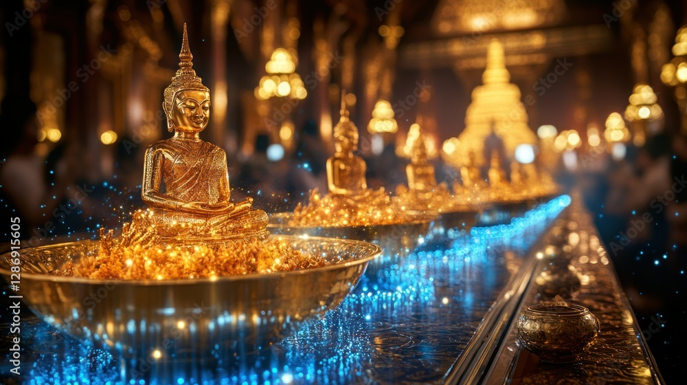 Obraz premium Golden Buddha statues in temple, illuminated by light