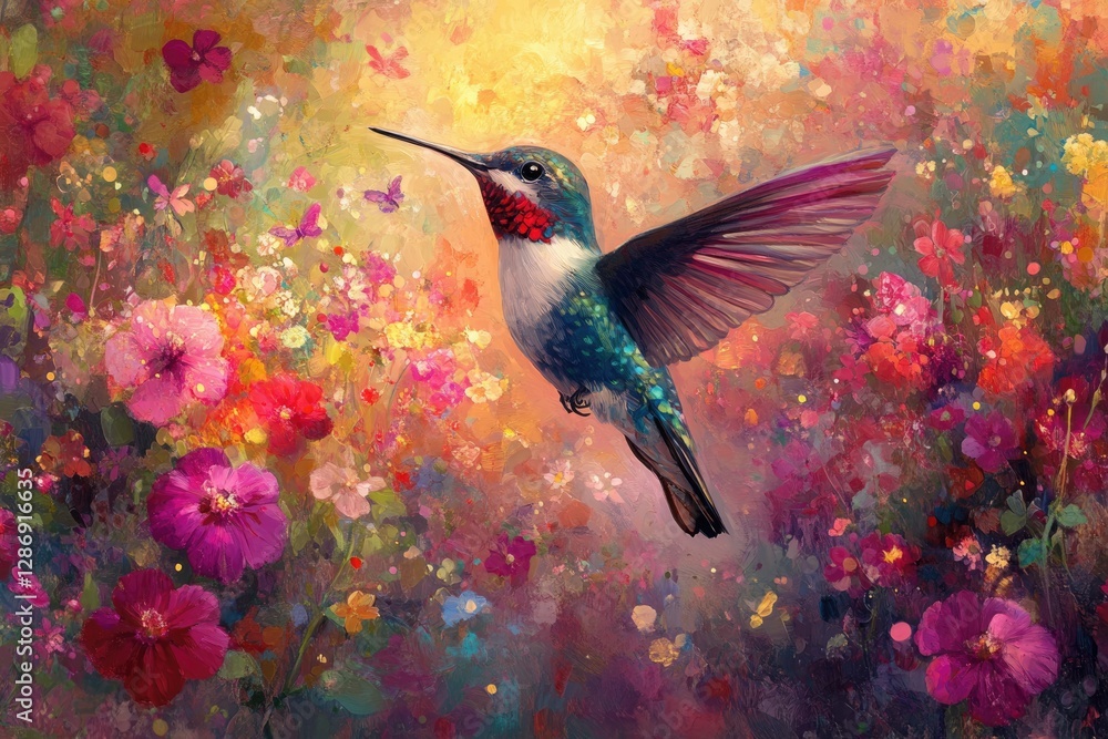 Naklejka premium A vibrant hummingbird hovers amidst a breathtaking garden of colorful flowers, a stunning display of nature's artistry.