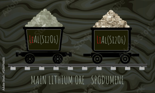 Vector drawing of SPODUMENE in wheelbarrows. Hand drawn illustration. LITHIUM ORE. Lithium-containing mineral.
