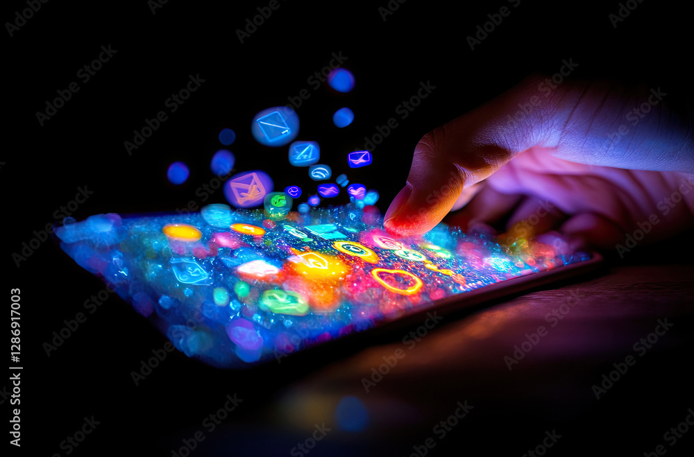 Fototapeta premium Vibrant Neon Smartphone App Icons, Finger Touching Screen, Nighttime