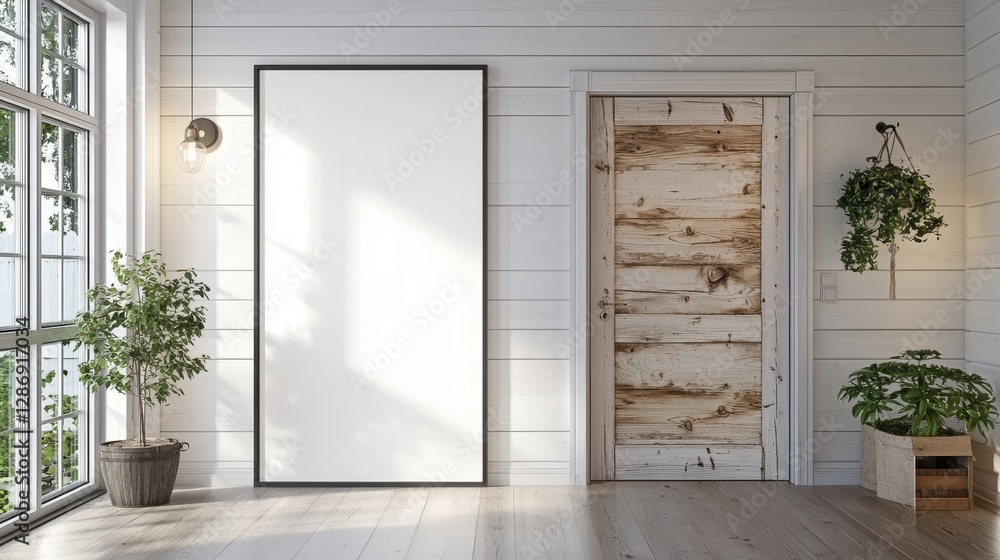 White room with a large white framed picture on the wall and a wooden door. , Copy Space and Blank Frame White room with a large white framed picture on the wall and a wooden door. , Copy Space and Blank Frame