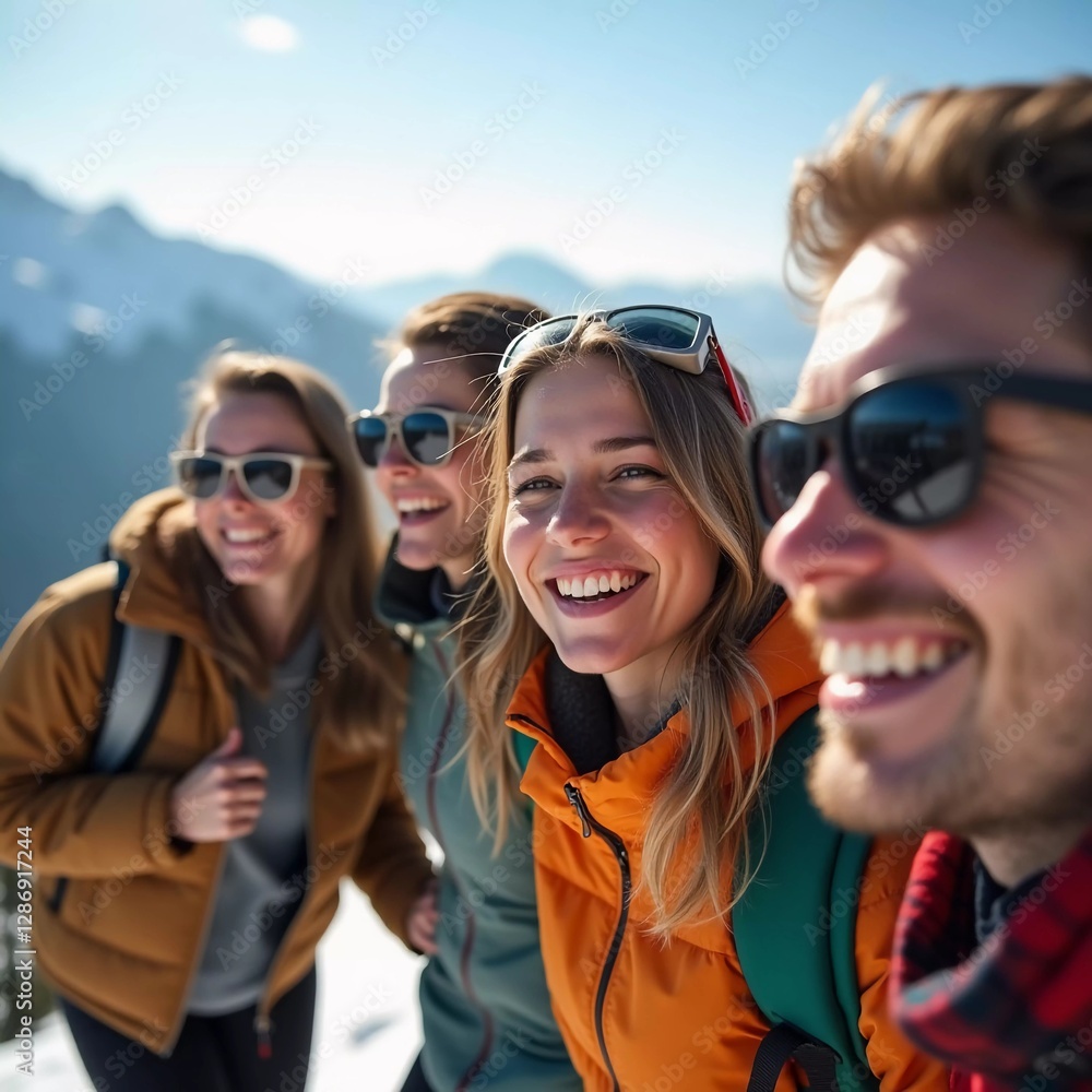 Friends gather in the snow, smiling and laughing while posing for a selfie. The bright sun shines over the scenic mountain landscape, creating a joyful atmosphere during ski trip. Generative AI Friends gather in the snow, smiling and laughing while posing for a selfie. The bright sun shines over the scenic mountain landscape, creating a joyful atmosphere during ski trip. Generative AI