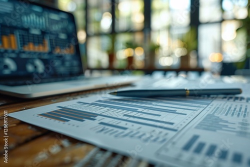 Wallpaper Mural On a rustic wooden desk, detailed financial reports filled with graphs and charts are spread out, with a laptop displaying data analysis in a contemporary office setting illuminated by natural light Torontodigital.ca